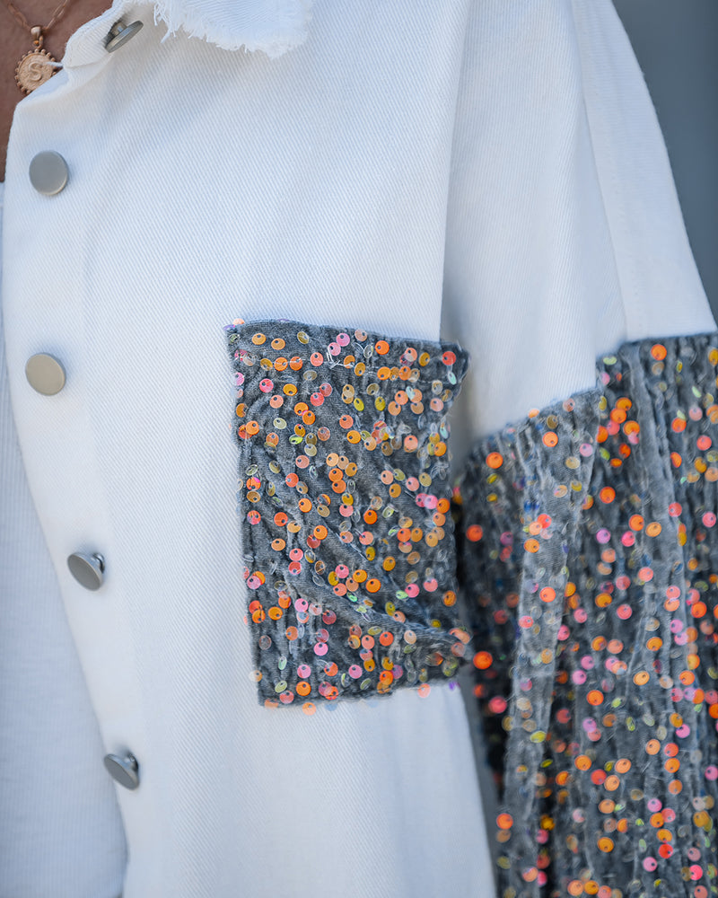 Casual Jacket Sequin Patchwork Long Sleeve Jacket Top Button Front Raw Hem Oversized Denim Shacket
