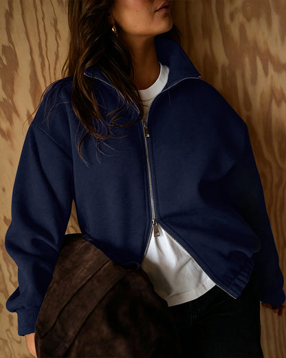 Women's Two-Way Zipper Front Stretchy Hem Coat Stand Collar Drop Shoulder Sweatshirt with Pockets