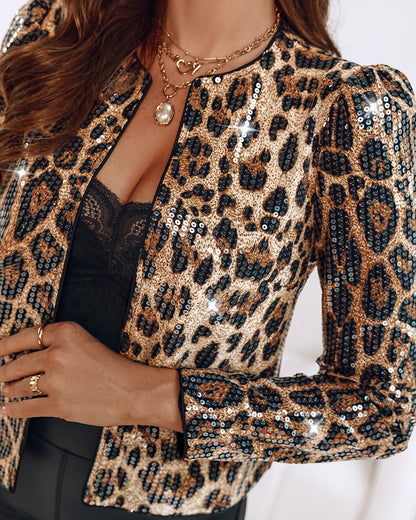 Allover Sequin Leopard Print Puff Sleeve Open Front Slim Fit Jacket Casual Crop Coat