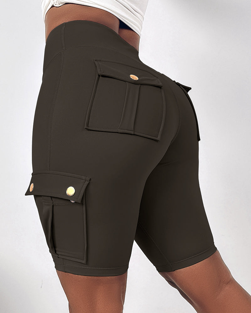 Tummy Control Butt Lifting Active Shorts High Waist Flap Pocket Workout Bermuda Cargo Running Shorts