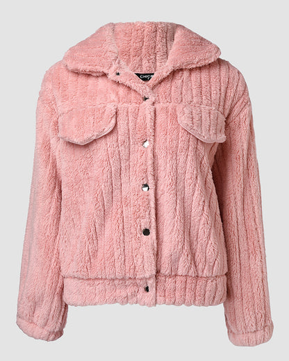 Textured Striped Turn-down Collar Button Front Elastic Cuff and Hem Teddy Fleece Jacket With Decorative Flap Pockets