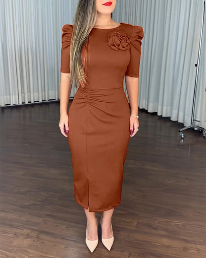 3D Flower Decor Round Neck Puff Sleeve Bodycon Dress Casual Ruched Slit Zipper Back Work Dress