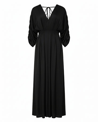 Deep V-Neck Ruched Three Quarters Sleeve Backless Overalls Casual Waist-Gathered Tied Detail Jumpsuit without Belt