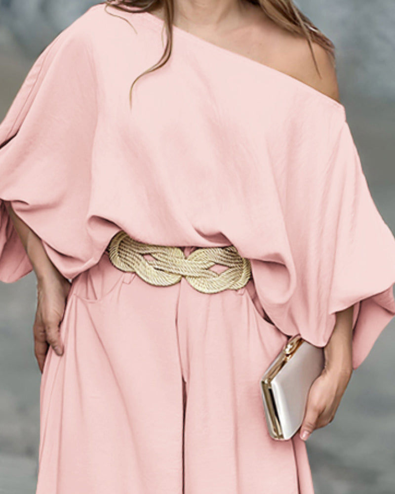 Skew Neck Lantern Sleeve Loose Top & Zipper Fly Wide Leg Pants Set without Belt