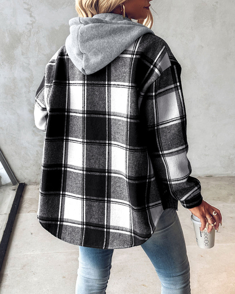 Plaid Pattern Long Sleeve Shacket Button Down Fleece Lined Hooded Jackets Warm Coat