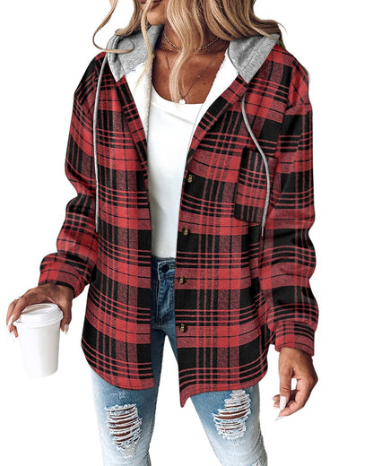 CHICMELIVE Womens Casual Jacket Plaid Hooded Fleece Lined Shacket