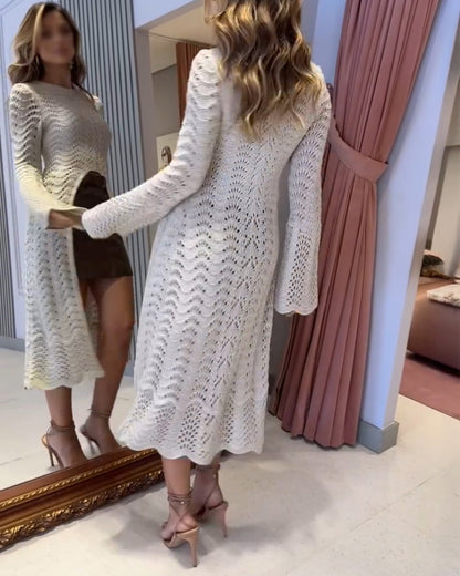 Round Neck Asymmetrical Hem Hollow Out Knitted Sweater Casual Scallop Trim Bell Sleeve Top