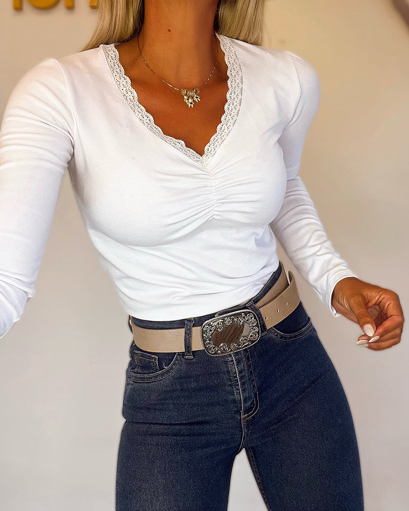 CHICMELIVE Women Lace Long Sleeve Top V Neck Fitted Shirts Fall Blouses