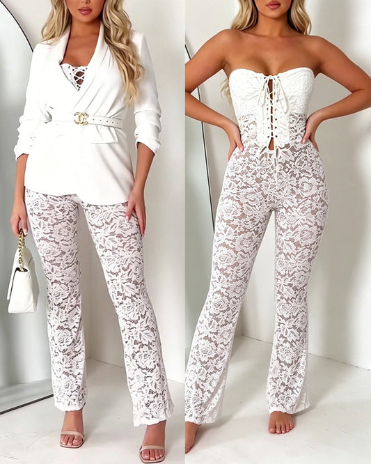 Women's Sheer Lace Jumpsuit Sexy Strapless Lace-up Tube Overalls Flare Leg Jumpsuit with Detachable Clear Straps