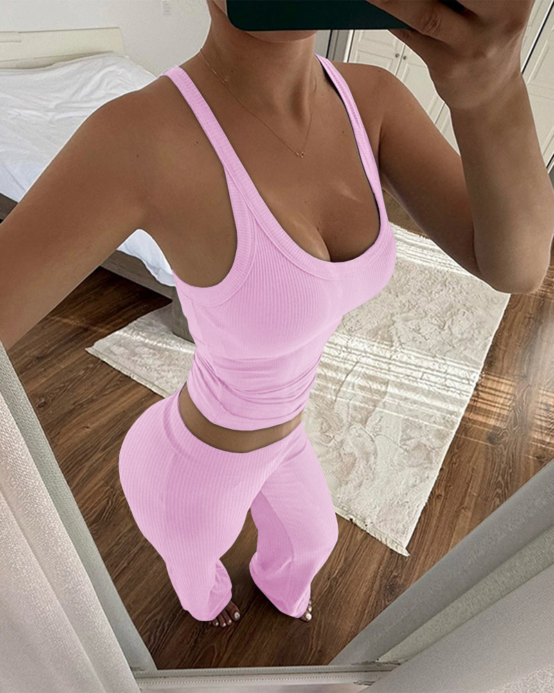 2 Pieces Outfit U-Neck Spaghetti Strap Cami Top and Elastic Waist Wide Leg Pants Set Casual Ribbed Set