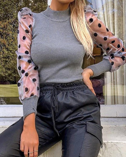 Dot Mesh Patch Mock Neck Puff Sleeve Blouse Casaul Pullover Knit Top