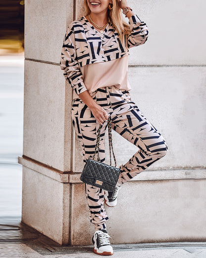 Geo Letter Print Long Sleeve Top & Pants Set