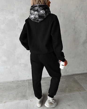 Contrast Sequin Hooded Sweatshirt & Pocket Design Sweatpants Set