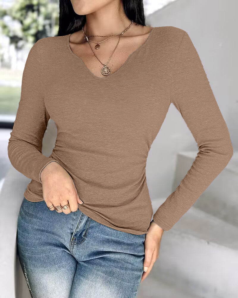ChicMe Built-in Bra Notch Neck Long Sleeve Shirts Rib-Knit Ruched Waist Top