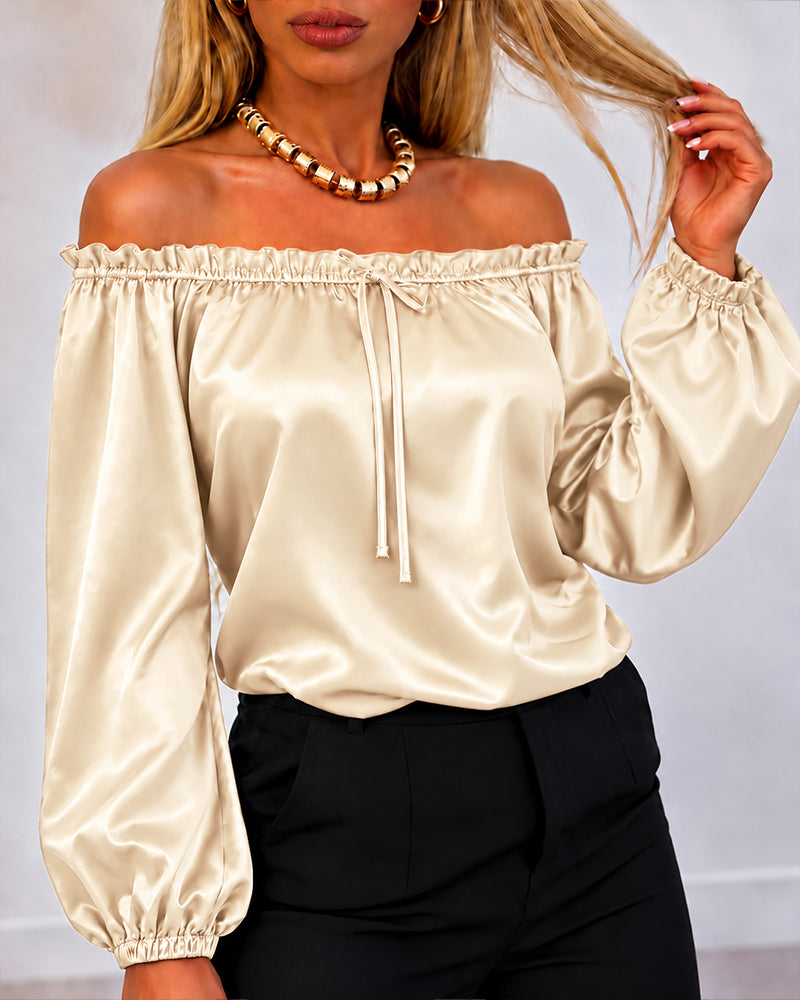 CHICMELIVE Off Shoulder Satin Tops Women Ruffle Tie Front Blouse