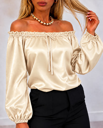 CHICMELIVE Off Shoulder Satin Tops Women Ruffle Tie Front Blouse