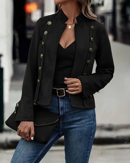 Faux Suede Stand Collar Jacket Open Front Button Decor Casual Coat