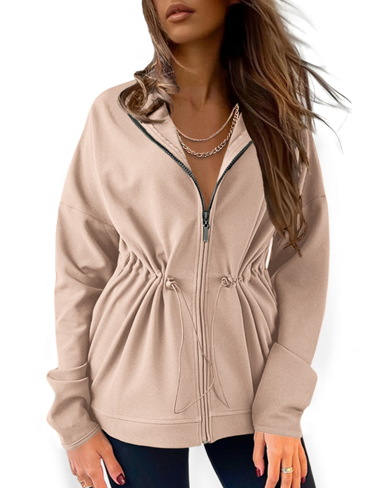 Long Sleeve Waist Drawstring Hooded Coat Casual Loose Fit Cardigan Jacket with Pockets