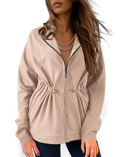 Long Sleeve Waist Drawstring Hooded Coat Casual Loose Fit Cardigan Jacket with Pockets