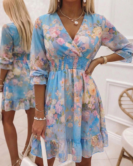 ChicMeLive Women's Watercolor Floral Chiffon Dress Overlap V-Neck Shirred High Waist Vacation Dress A-Line Ruffle Hem Dress