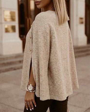 Women's Mock Neck Cape Knit Sweater Loose Old Money Style Pullover Side Slit Batwing Sleeve Winter Warm Cozy Top