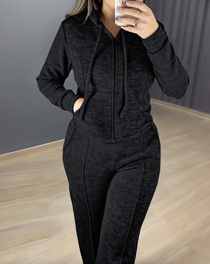 2 Pieces Outfit Long Sleeve Zip Up Drawstring Hoodie Coat and Casual Elastic Waist Seam Front Wide Leg Pants Set