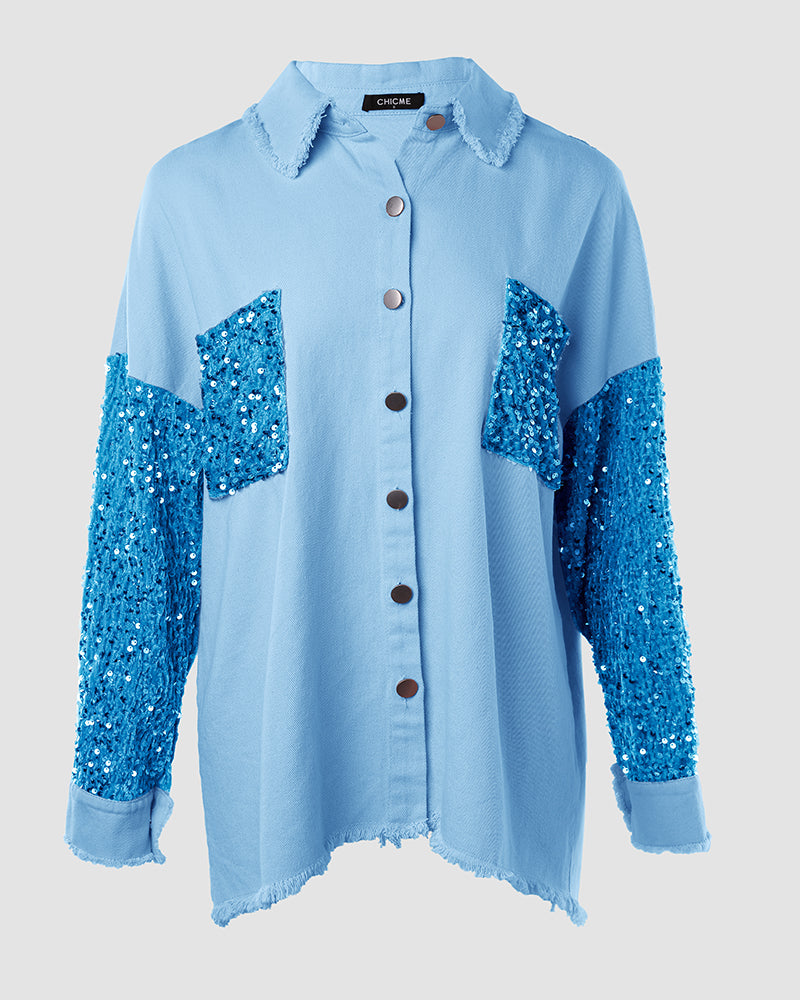 Casual Jacket Sequin Patchwork Long Sleeve Jacket Top Button Front Raw Hem Oversized Denim Shacket
