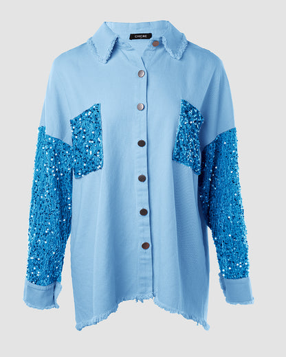 Casual Jacket Sequin Patchwork Long Sleeve Jacket Top Button Front Raw Hem Oversized Denim Shacket
