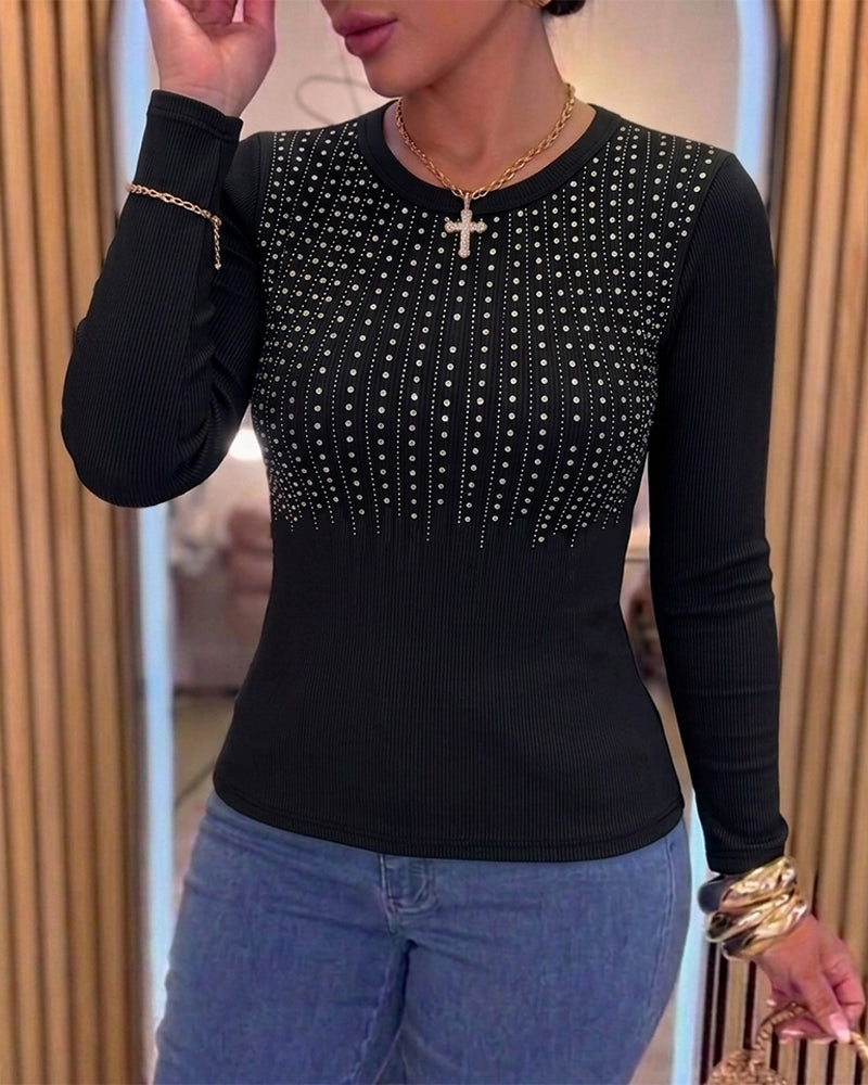 CHICMELIVE Women's Rhinestone Ribbed Knit Top Black Long Sleeve Skinny Top