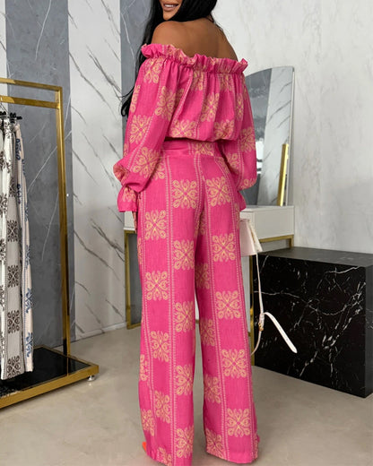 Women's Vintage Print 2 Piece Set Ruffle Off Shoulder Flared Cuff Top and Wide Leg Pants Casual Tropical Vacation Outfits