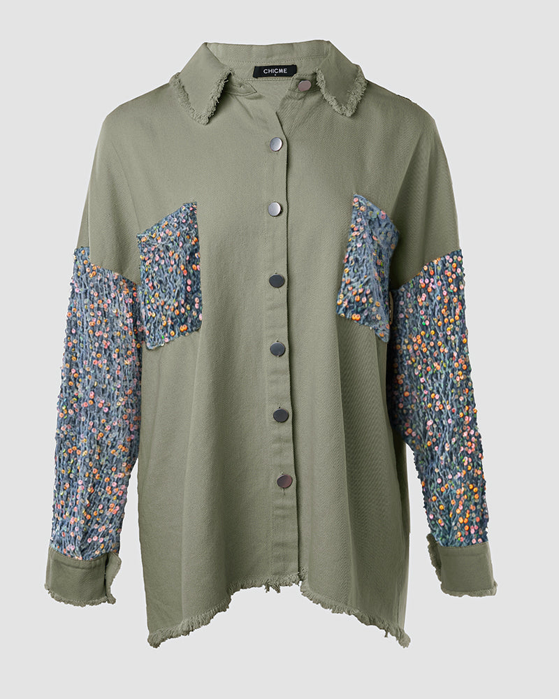 Casual Jacket Sequin Patchwork Long Sleeve Jacket Top Button Front Raw Hem Oversized Denim Shacket