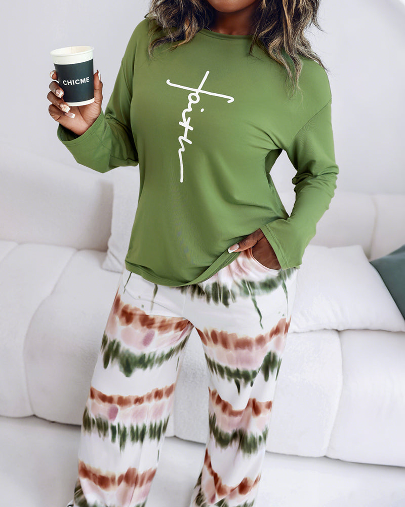 2 Pieces Outfit Letter Placement Print Long Sleeve Drop Shoulder Top and Ombre Loose Fit Pants Set Casual Pajamas Set