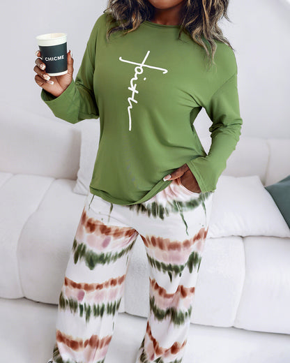 2 Pieces Outfit Letter Placement Print Long Sleeve Drop Shoulder Top and Ombre Loose Fit Pants Set Casual Pajamas Set