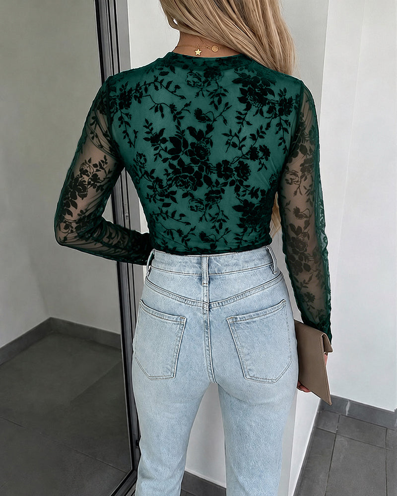 CHICME Women's Flocked Floral Sheer Mesh Long Sleeve Top with Lined