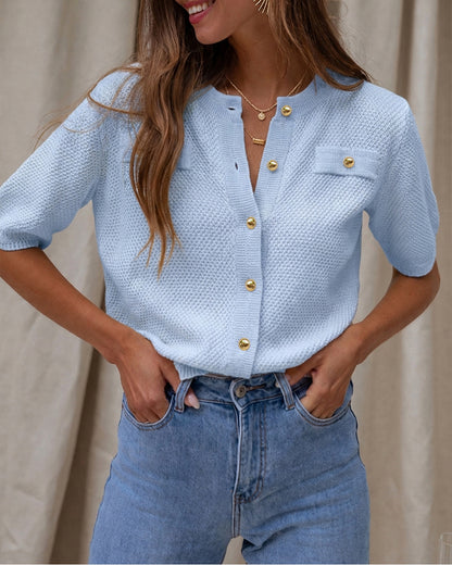Women's Hollow Out Knit Cardigan Short Sleeve Gold Button Sweater Casual Loose Knitwear Top