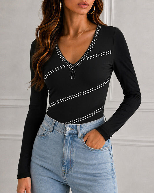 Women's Deep V Neck Rhinestone Top Slim Fit Long Sleeve Ribbed Knit Tee Sparkly Blouse