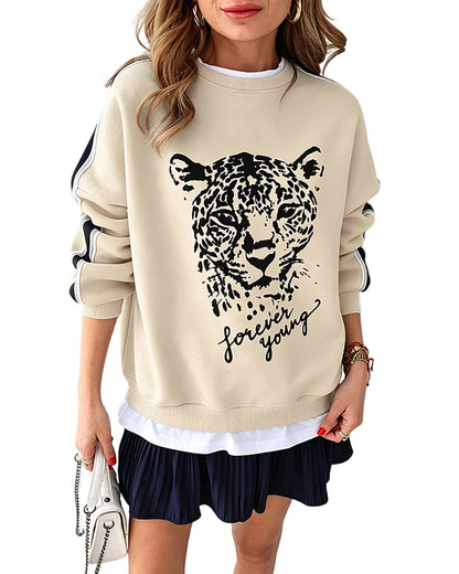 CHICMELIVE Women's Leopard Graphic Sweatshirt Crewneck Stripe Pullover Tops