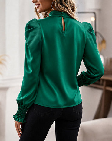 Women's Satin Blouse Mock Neck Puff Sleeve Shirt Back Tie Bow Elegant Ruched Shirt Shirred Frill Cuff Work Top