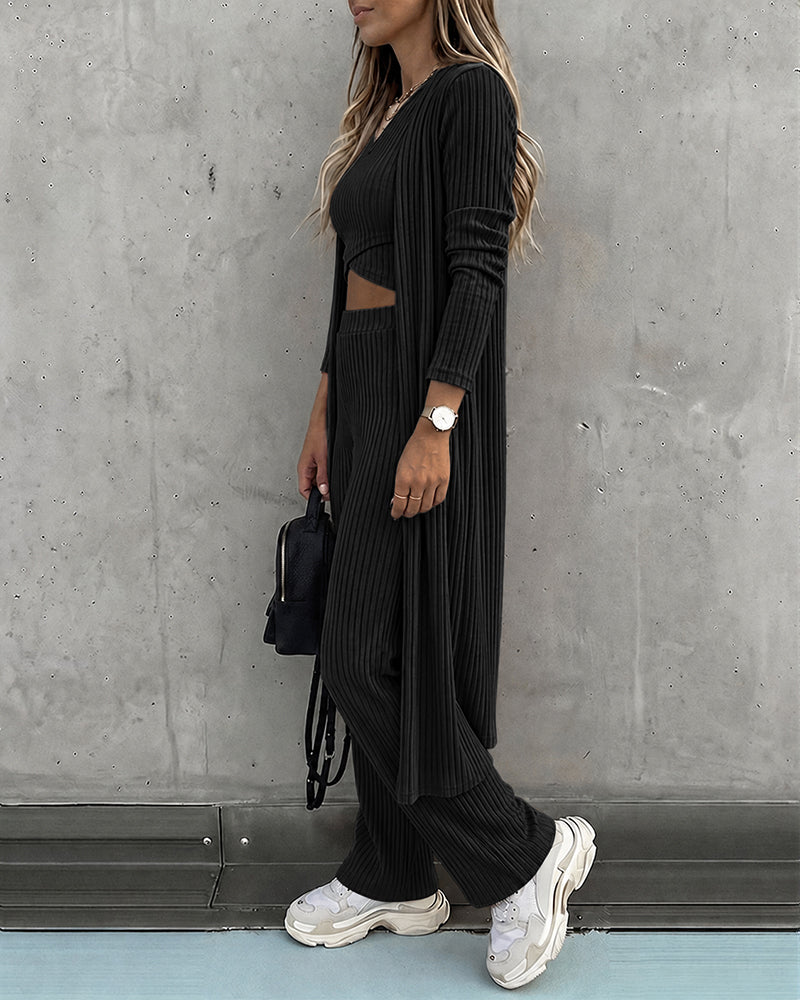 CHICMELIVE Women's 3 Piece Lounge Set Ribbed Cardigan Tank Wide Leg Pant