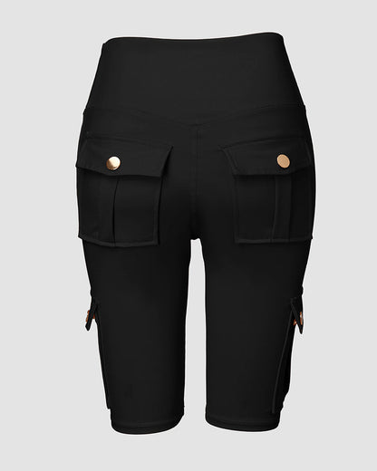 Tummy Control Butt Lifting Active Shorts High Waist Flap Pocket Workout Bermuda Cargo Running Shorts