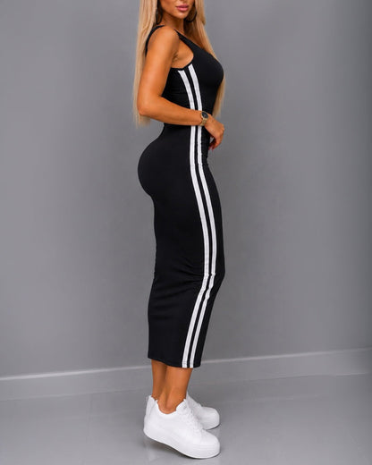 Women's U Neck Sleeveless Tank Dress Contrast Side Striped Midi Bodycon Dress Casual Backless Sundress