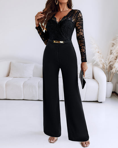 Metal Decor Scallop Trim V-Neck Lace Overlay Jumpsuit Casual Lace Long Sleeve Zipper Back Jumpsuit