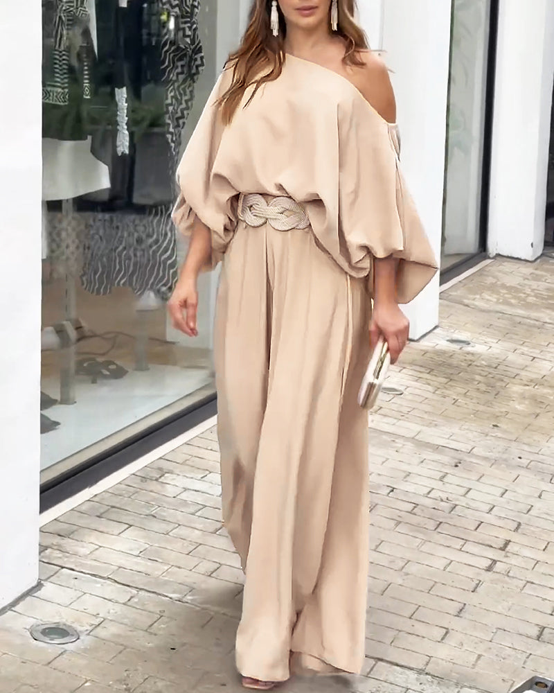 Skew Neck Lantern Sleeve Loose Top & Zipper Fly Wide Leg Pants Set without Belt