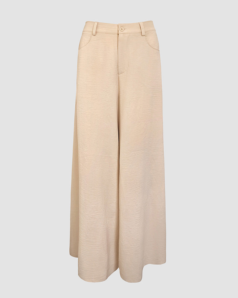 Skew Neck Lantern Sleeve Loose Top & Zipper Fly Wide Leg Pants Set without Belt