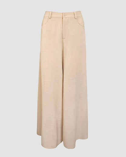 Skew Neck Lantern Sleeve Loose Top & Zipper Fly Wide Leg Pants Set without Belt