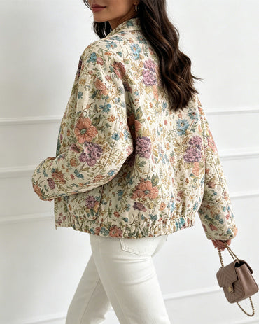 Women's Vintage Floral Jacquard Jacket Elegant Stand Collar Snap Button Loose Fit Coat