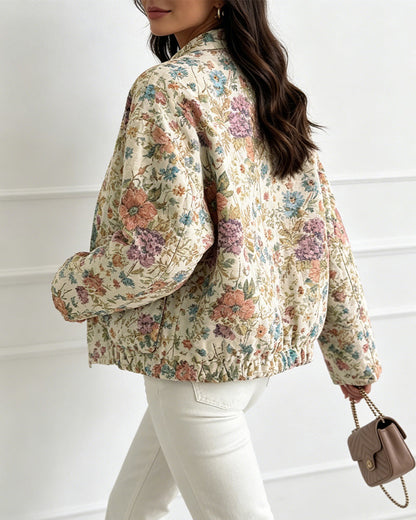 Women's Vintage Floral Jacquard Jacket Elegant Stand Collar Snap Button Loose Fit Coat