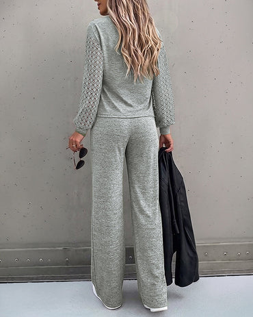 Women's 2 Piece Outfits Lace Patchwork Long Sleeve Top and Knot Front Straight Leg Pants Set Casual Matching Lounge Set