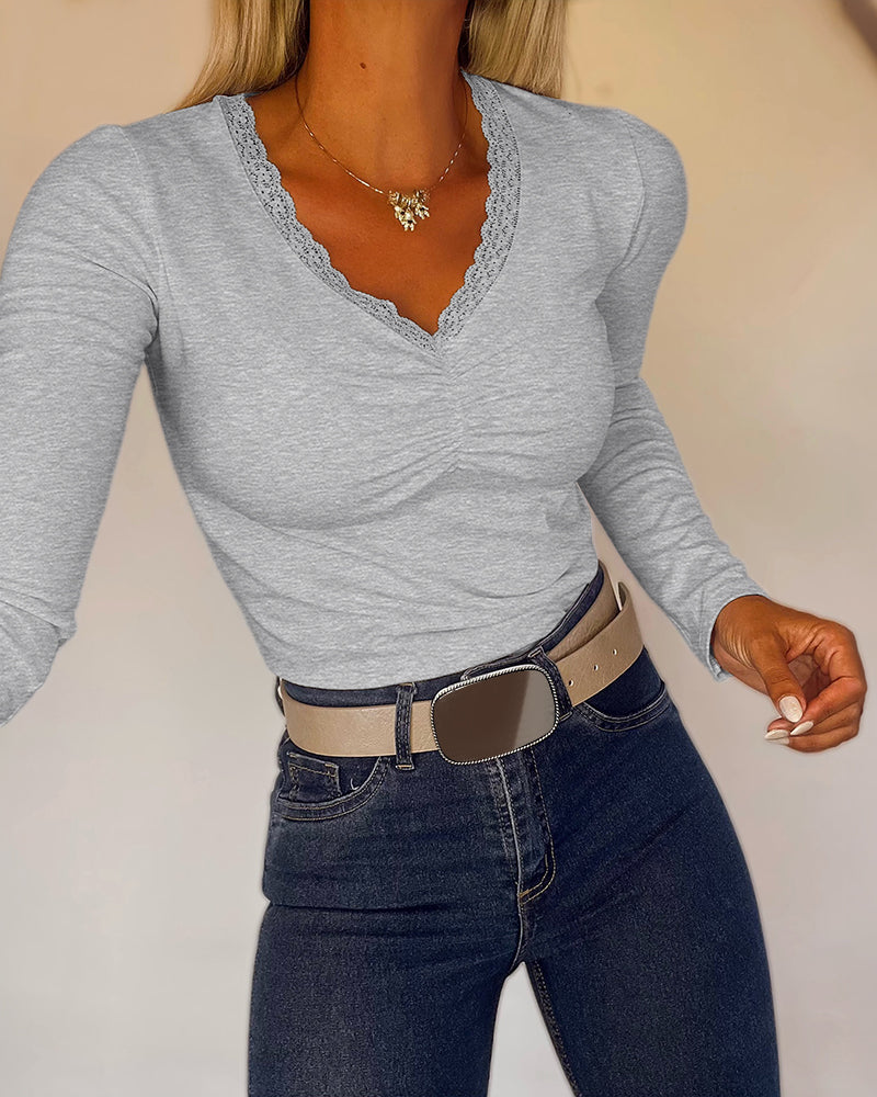 CHICMELIVE Women Lace Long Sleeve Top V Neck Fitted Shirts Fall Blouses