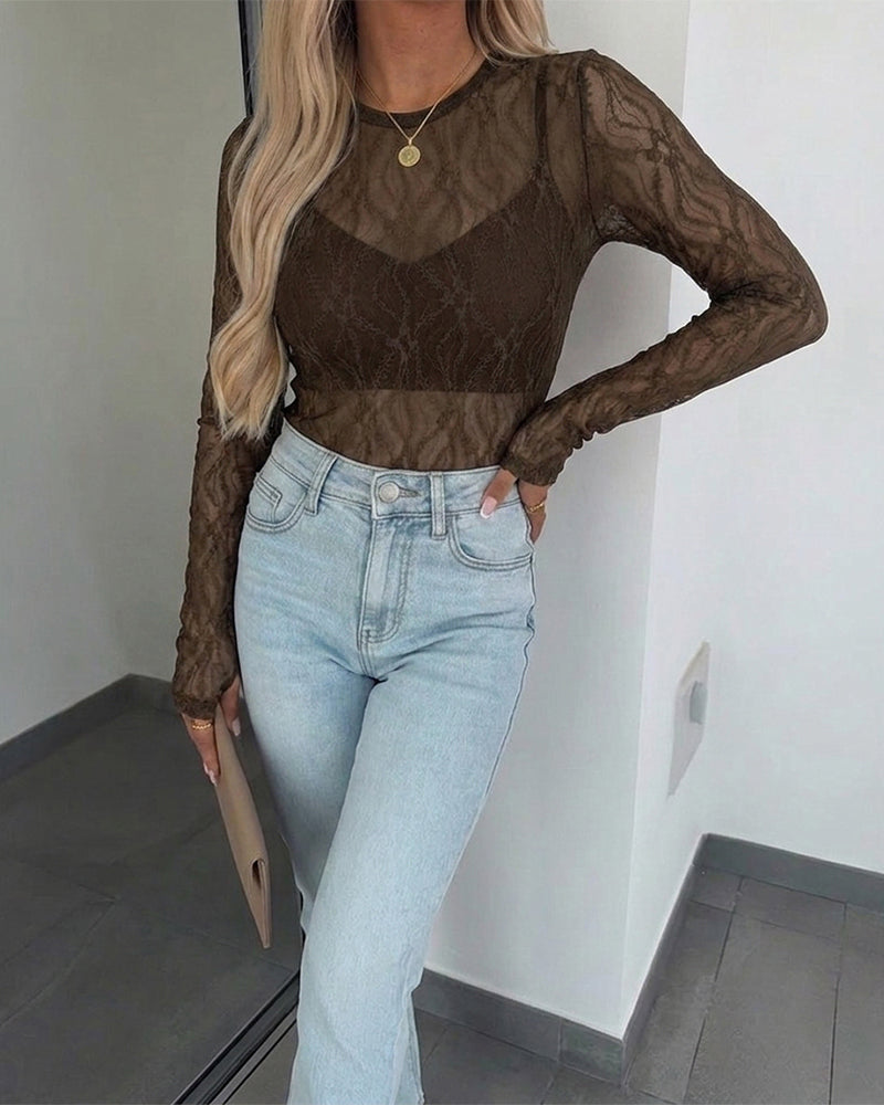CHICMELIVE Lace Top Sheer Mesh Fitted Shirts for Women with Thumb Holes